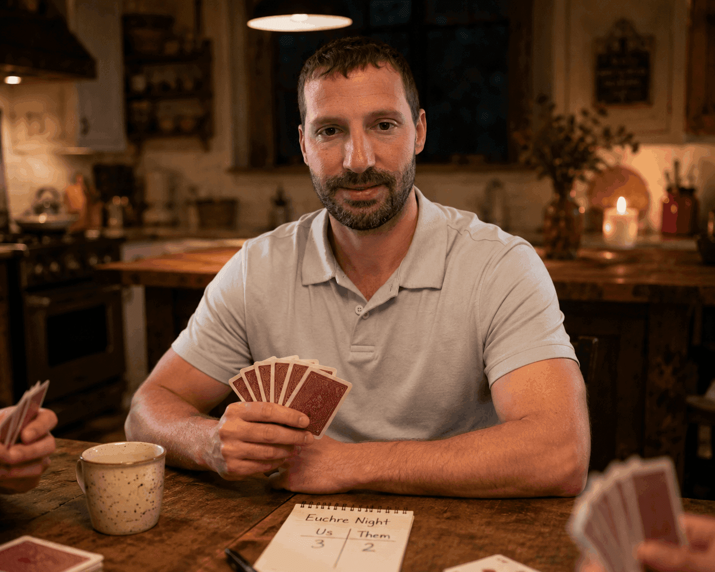 Brett Hahn playing cards at the kitchen table with family