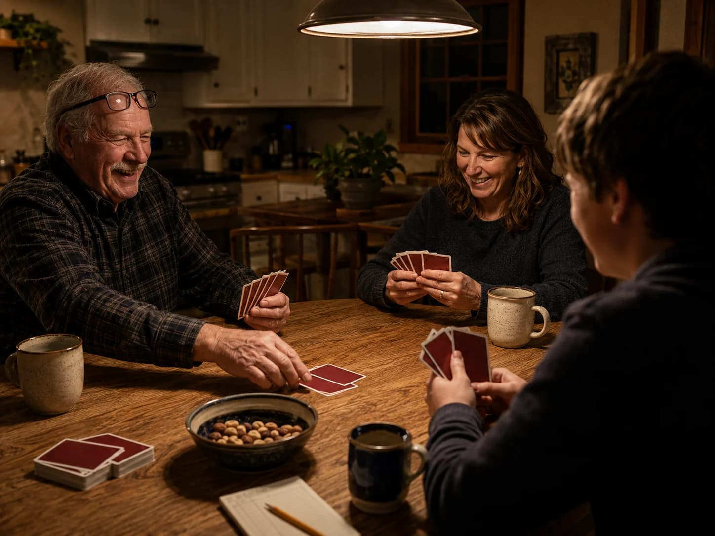 Family card game night around the kitchen table