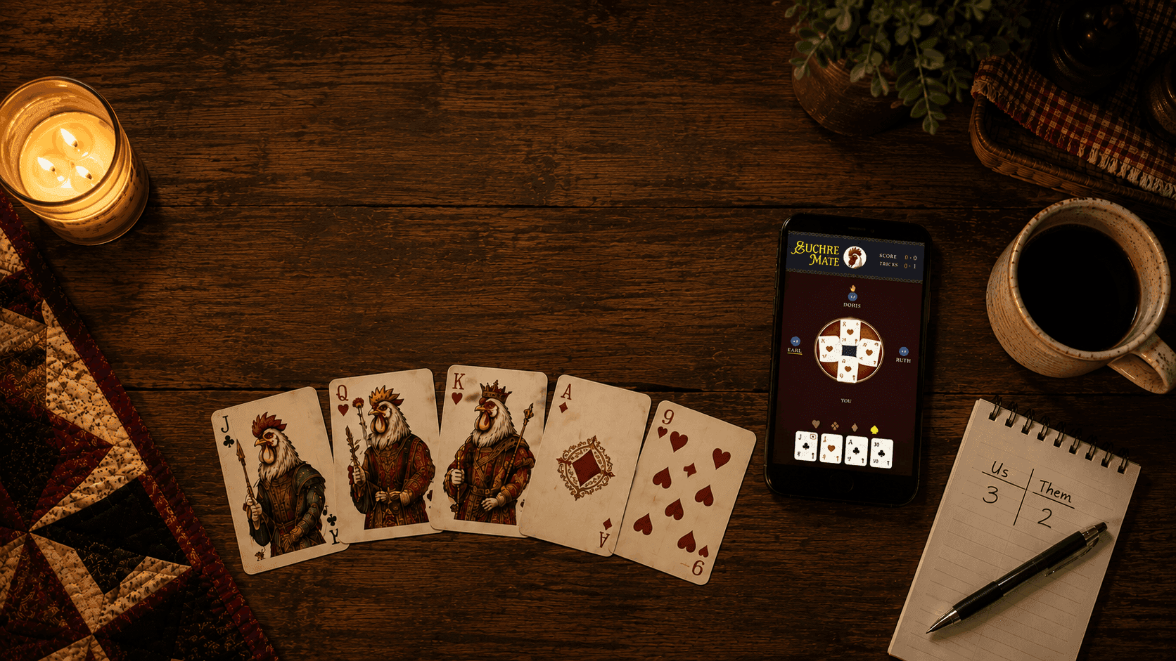 Euchre Mate running on a phone at a farmhouse card table