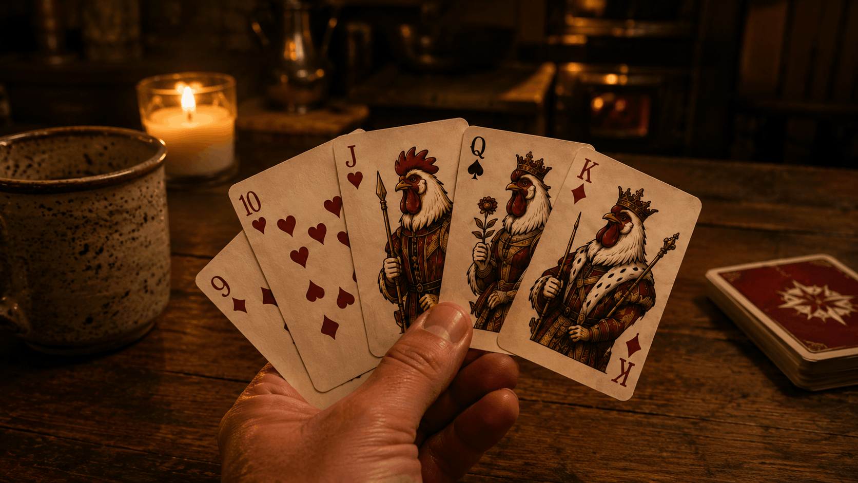 Euchre Mate custom playing cards with rooster court characters